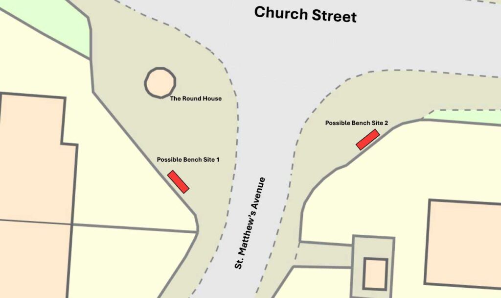 A map showing the rough location of the new bench, two locations are marked, one along the wall behind the round house at the back away from the road and the other across St. Matthew's Avenue on the back of the pavement roughly in the opposite location.
